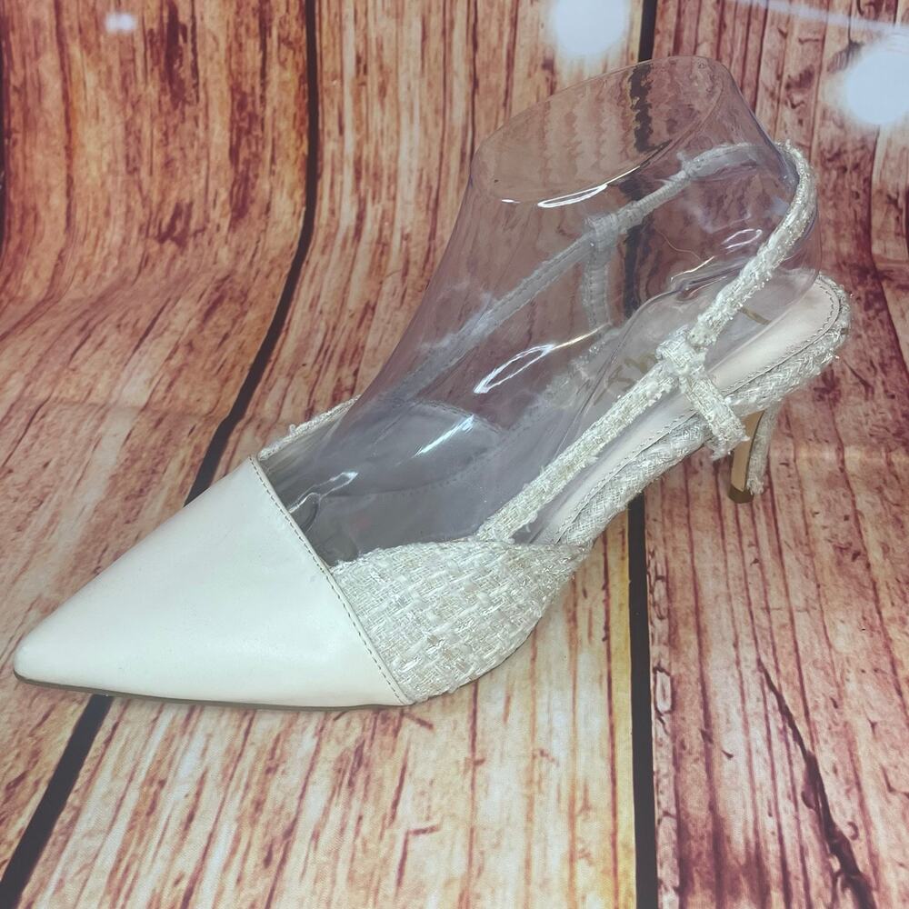 Lulus Steviee ivory cream pointed-toe pumps slingback sz 8.5 faux leather tweed
